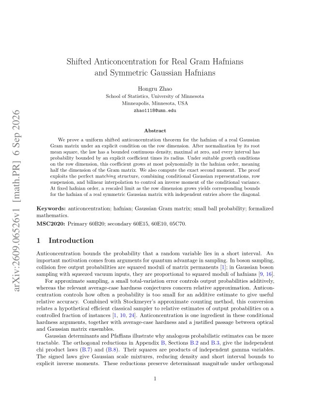 First page of Shifted Anticoncentration for Real Gram Hafnians and Symmetric Gaussian Hafnians