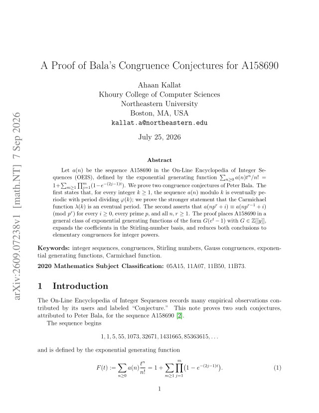 First page of A Proof of Bala's Congruence Conjectures for A158690