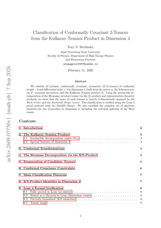 First page of Classification of Conformally Covariant 2-Tensors from the Kulkarni–Nomizu Product in Dimension 4