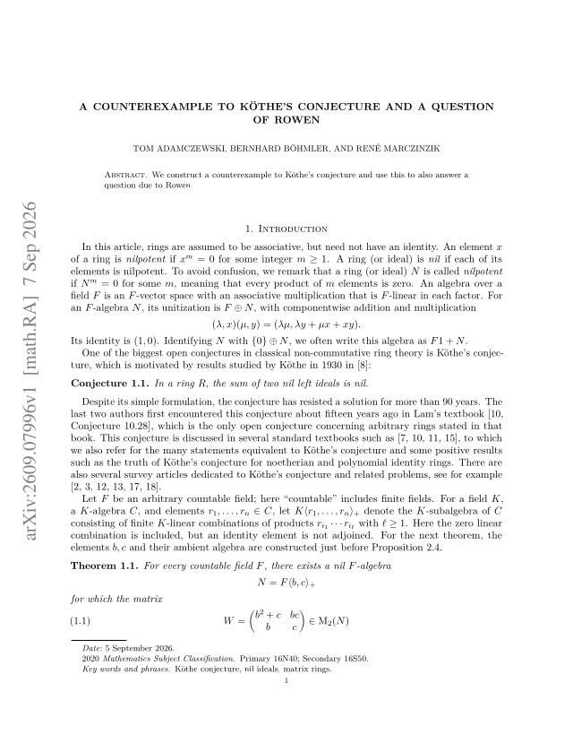 First page of A counterexample to Köthe's conjecture and a question of Rowen