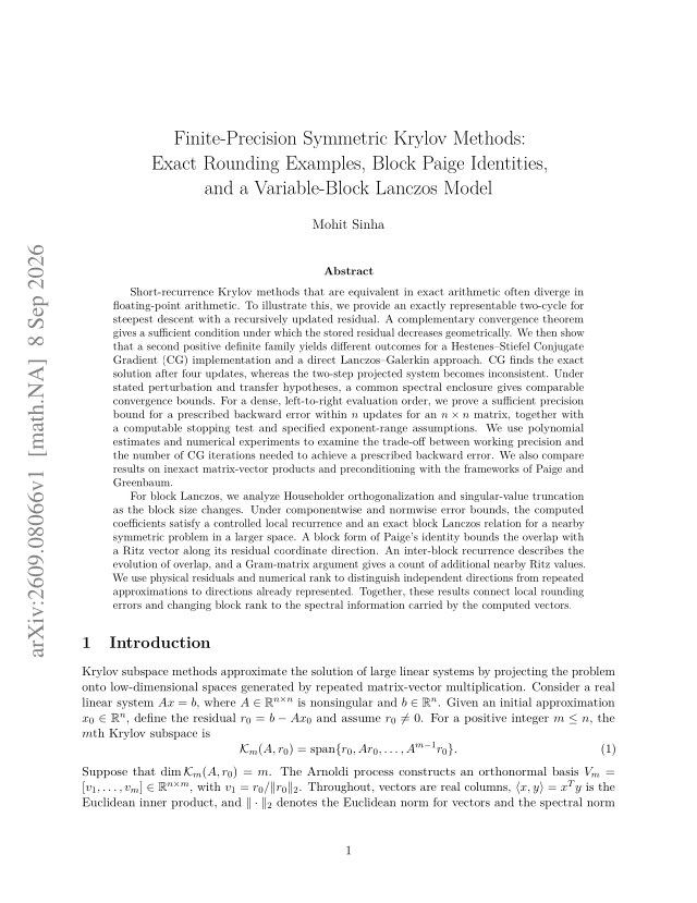 First page of Finite-Precision Symmetric Krylov Methods: Exact Rounding Examples, Block Paige Identities,and a Variable-Block Lanczos Model