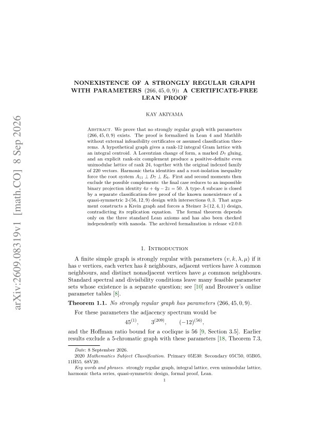 First page of Nonexistence of a Strongly Regular Graph with Parameters (266,45,0,9): A Certificate-Free Lean Proof