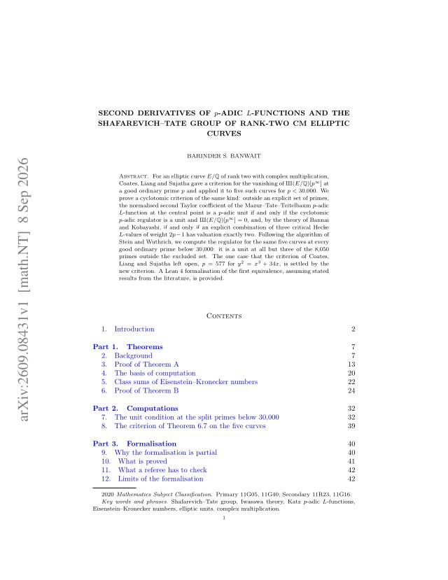 First page of Second derivatives of $p$-adic $L$-functions and the Shafarevich–Tate group of rank-two CM elliptic curves