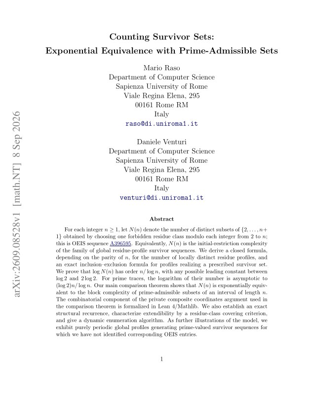 First page of Counting Survivor Sets: Exponential Equivalence with Prime-Admissible Sets