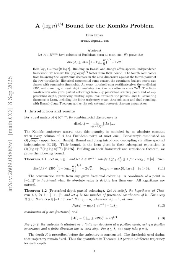 First page of A $(\log n)^{1/4}$ Bound for the Komlós Problem