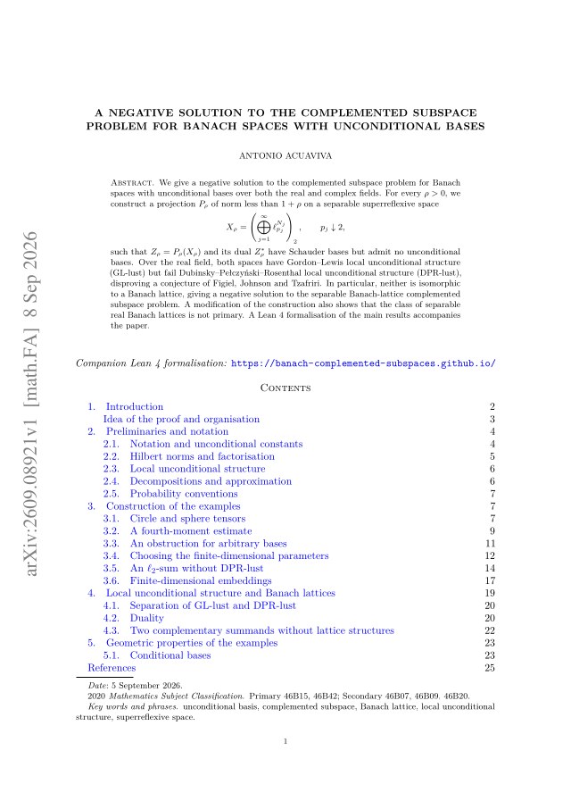 First page of A negative solution to the complemented subspace problem for Banach spaces with unconditional bases