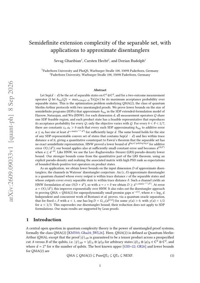 First page of Semidefinite extension complexity of the separable set, with applications to approximate disentanglers