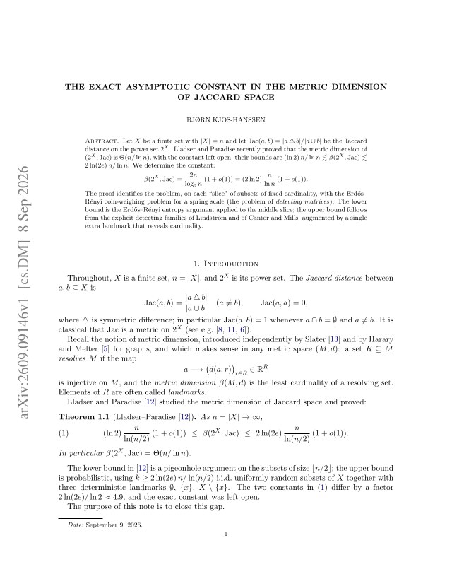First page of The exact asymptotic constant in the metric dimension of Jaccard space