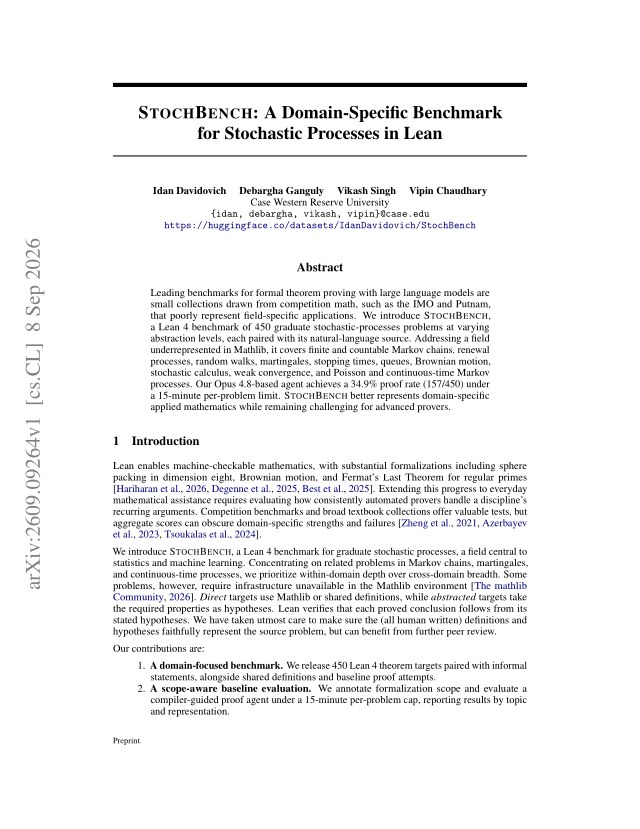 First page of StochBench: A Domain-Specific Benchmark for Stochastic Processes in Lean
