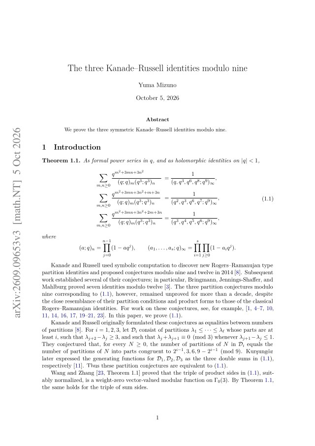 First page of The three Kanade-Russell identities modulo nine