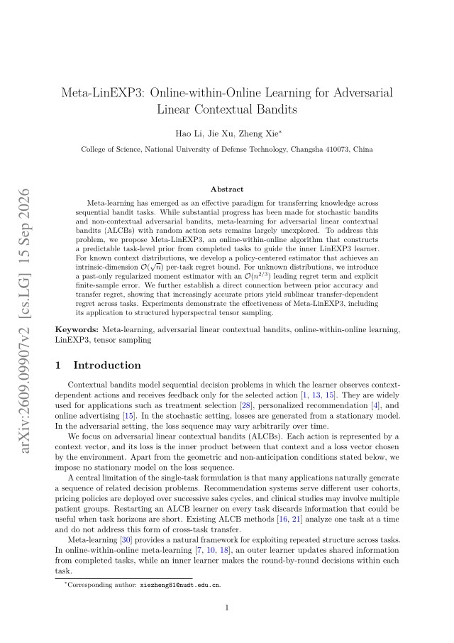 First page of Meta-LinEXP3: Online-within-Online Learning for Adversarial Linear Contextual Bandits