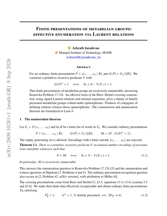 First page of Finite presentations of metabelian groups: effective enumeration via Laurent relations