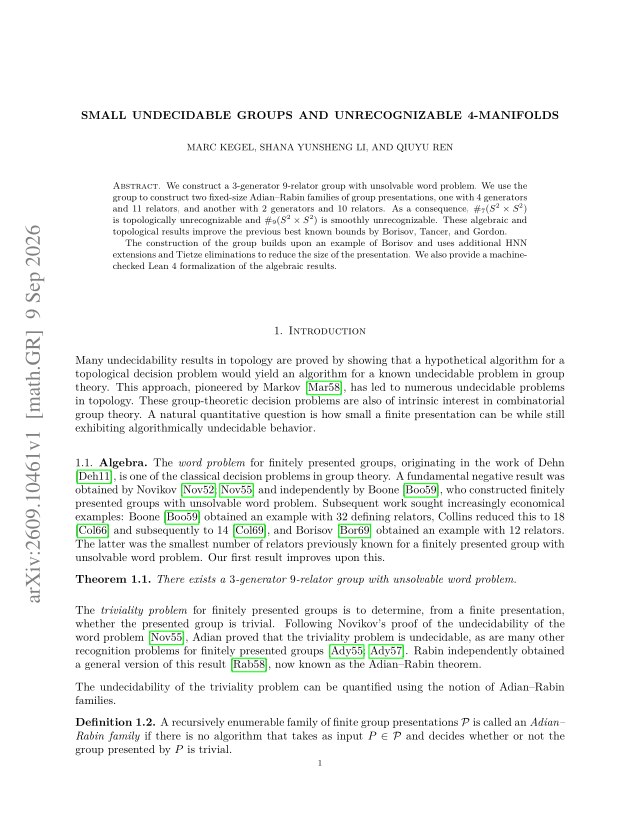 First page of Small undecidable groups and unrecognizable 4-manifolds