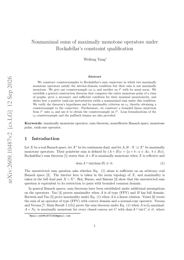 First page of Nonmaximal sums of maximally monotone operators under Rockafellar's constraint qualification