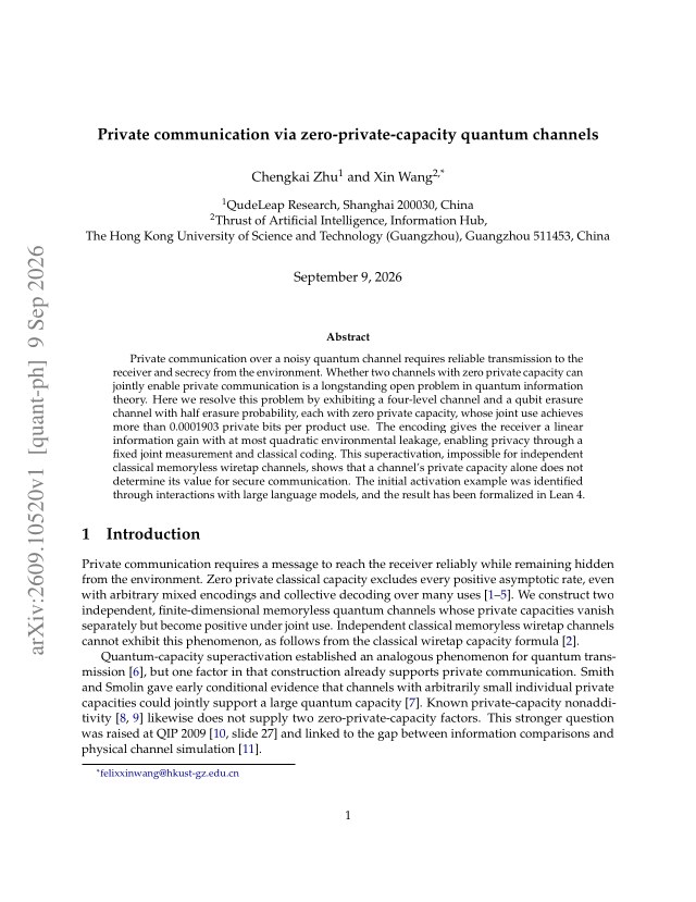 First page of Private communication via zero-private-capacity quantum channels
