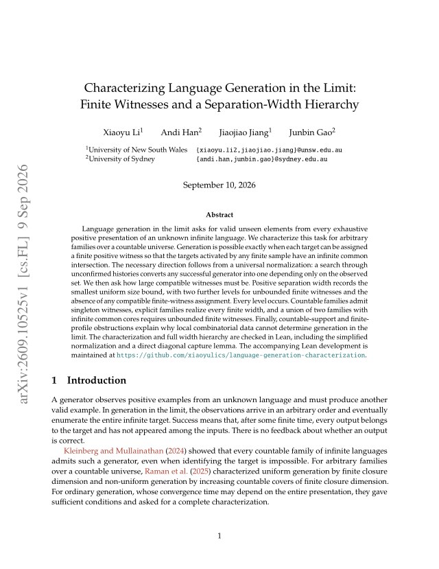 First page of Characterizing Language Generation in the Limit: Finite Witnesses and a Separation-Width Hierarchy