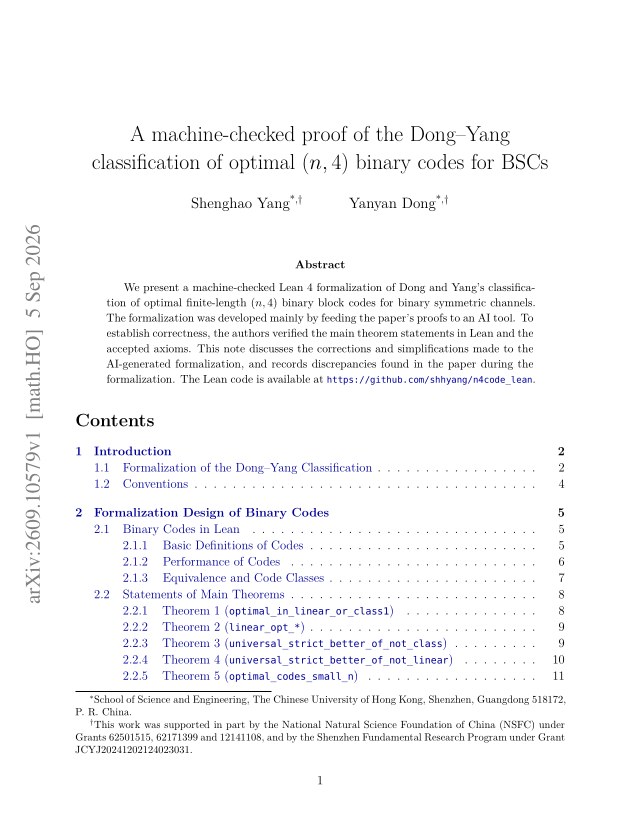First page of A machine-checked proof of the Dong-Yang classification of optimal (n,4) binary codes for BSCs