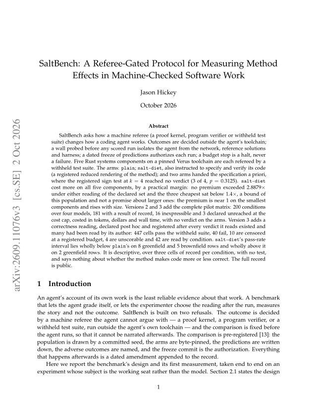 First page of SaltBench: A Referee-Gated Protocol for Measuring Method Effects in Machine-Checked Software Work