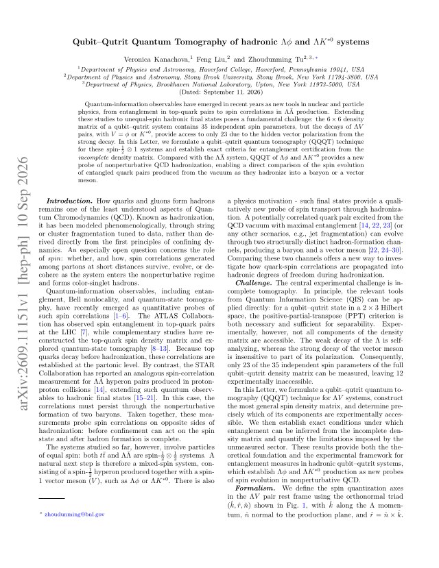 First page of Qubit-Qutrit Quantum Tomography of hadronic $Λφ$ and $ΛK^{\ast 0}$ systems