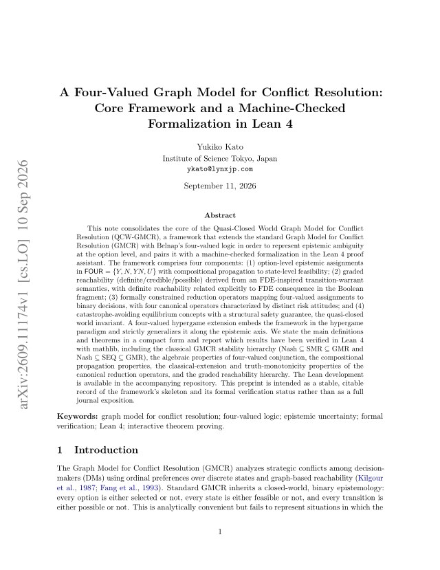First page of A Four-Valued Graph Model for Conflict Resolution: Core Framework and a Machine-Checked Formalization in Lean 4