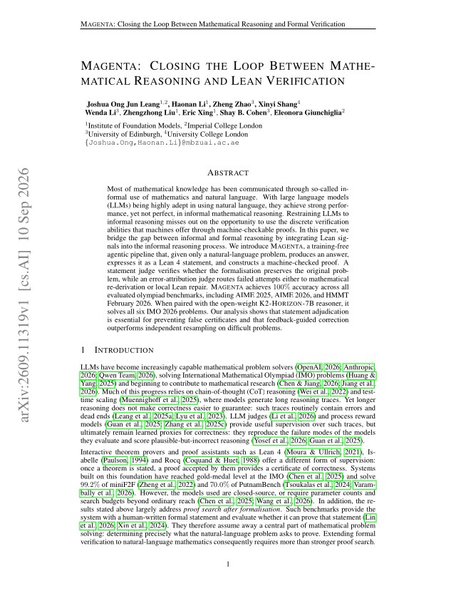 First page of Magenta: Closing the Loop Between Mathematical Reasoning and Lean Verification