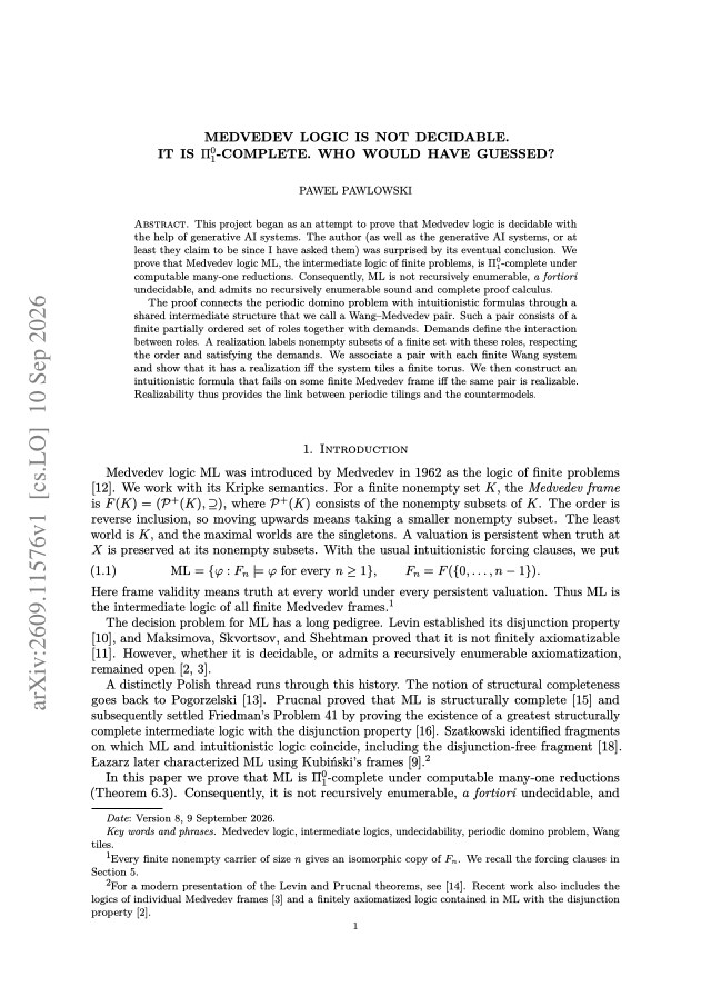 First page of Medvedev Logic is Not Decidable. It is π01 -complete. Who Would Have Guessed?