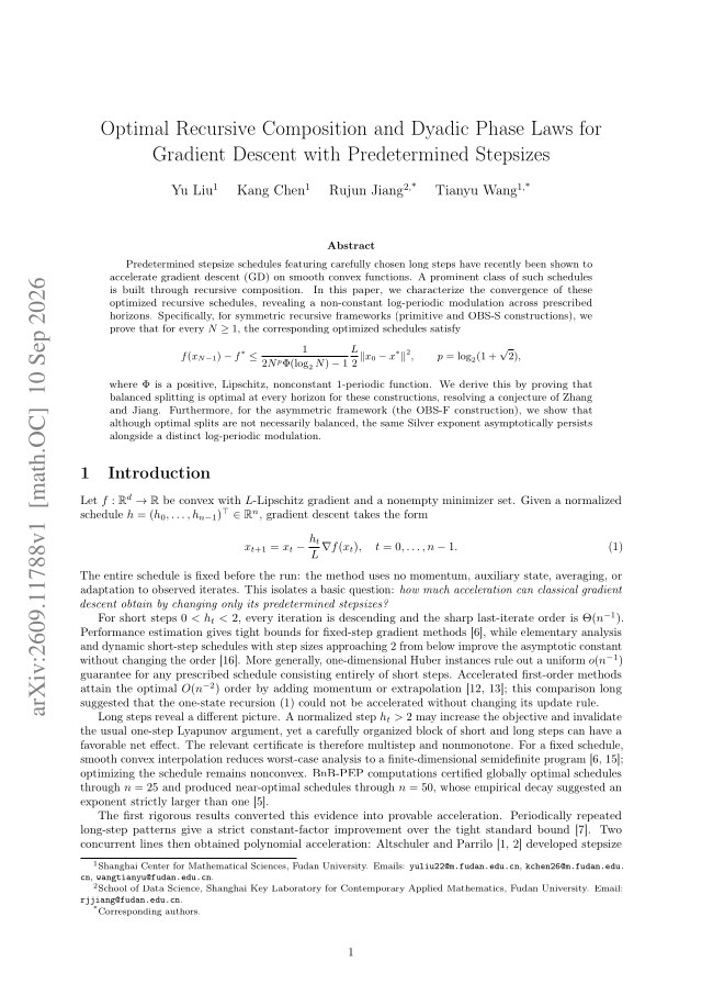 First page of Optimal Recursive Composition and Dyadic Phase Laws for Gradient Descent with Predetermined Stepsizes
