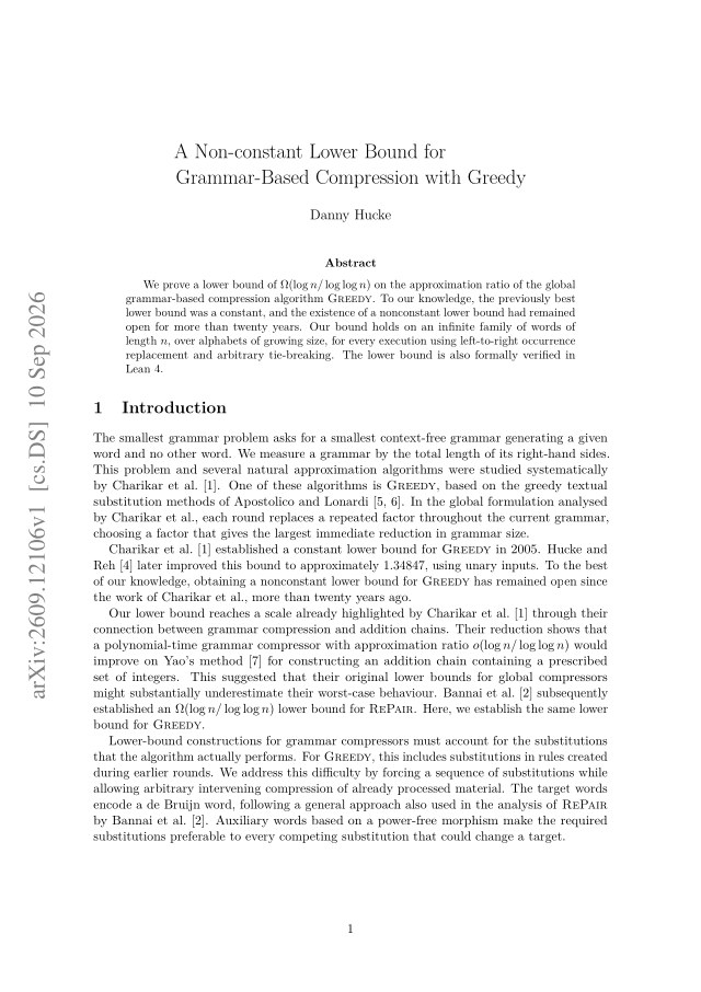 First page of A Non-constant Lower Bound for Grammar-Based Compression with Greedy