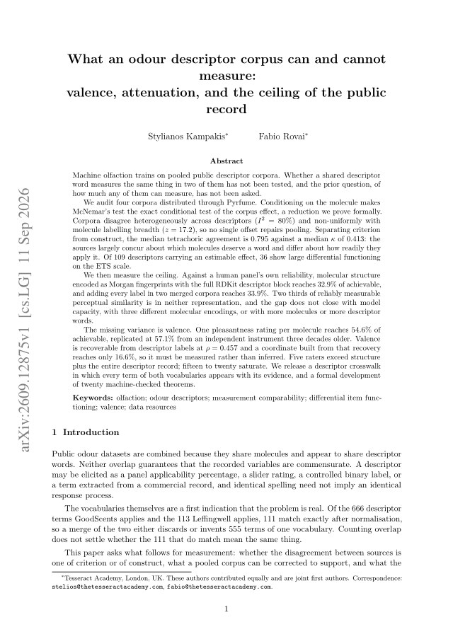 First page of What an odour descriptor corpus can and cannot measure: valence, attenuation, and the ceiling of the public record