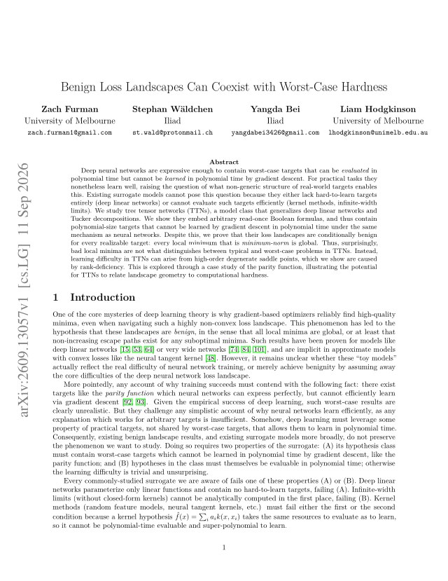 First page of Benign Loss Landscapes Can Coexist with Worst-Case Hardness