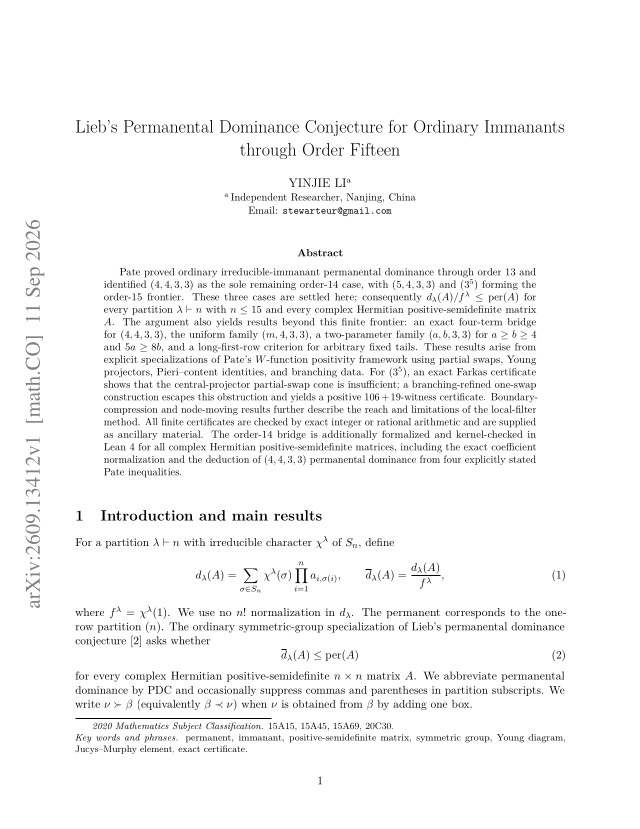 First page of Lieb's Permanental Dominance Conjecture for Ordinary Immanants through Order Fifteen