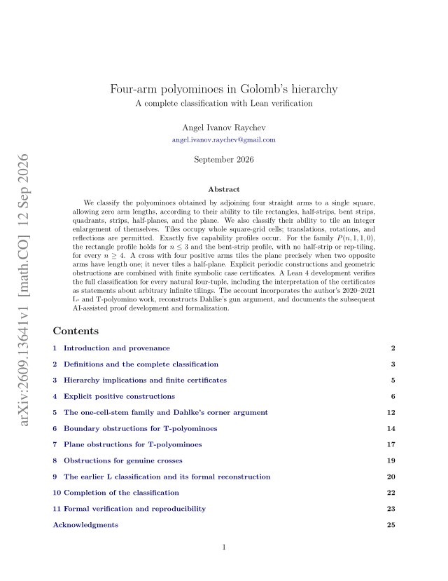 First page of Four-arm polyominoes in Golomb's hierarchy: A complete classification with Lean verification
