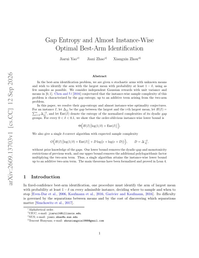 First page of Gap Entropy and Almost Instance-Wise Optimal Best-Arm Identification