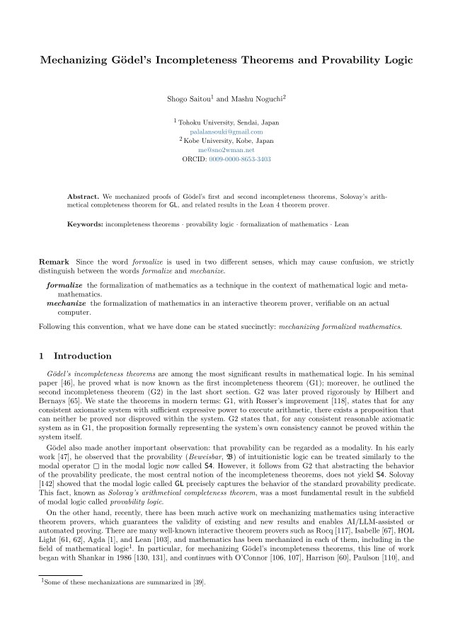 First page of Mechanizing Gödel's Incompleteness Theorems and Provability Logic