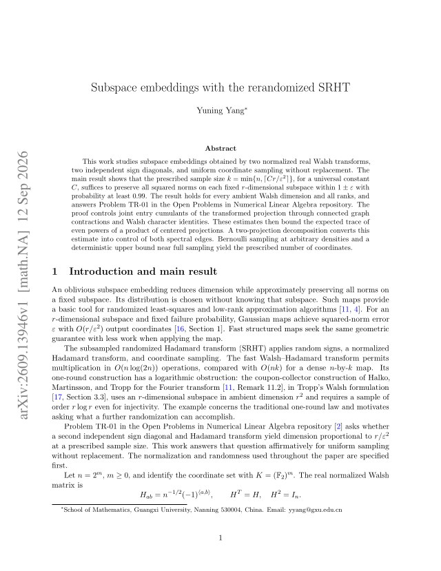 First page of Subspace embeddings with the rerandomized SRHT