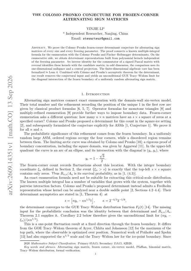 First page of The Colomo-Pronko conjecture for frozen-corner alternating sign matrices