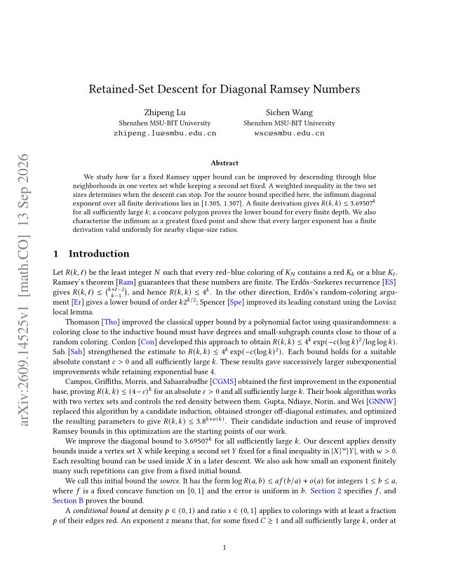 First page of Retained-Set Descent for Diagonal Ramsey Numbers