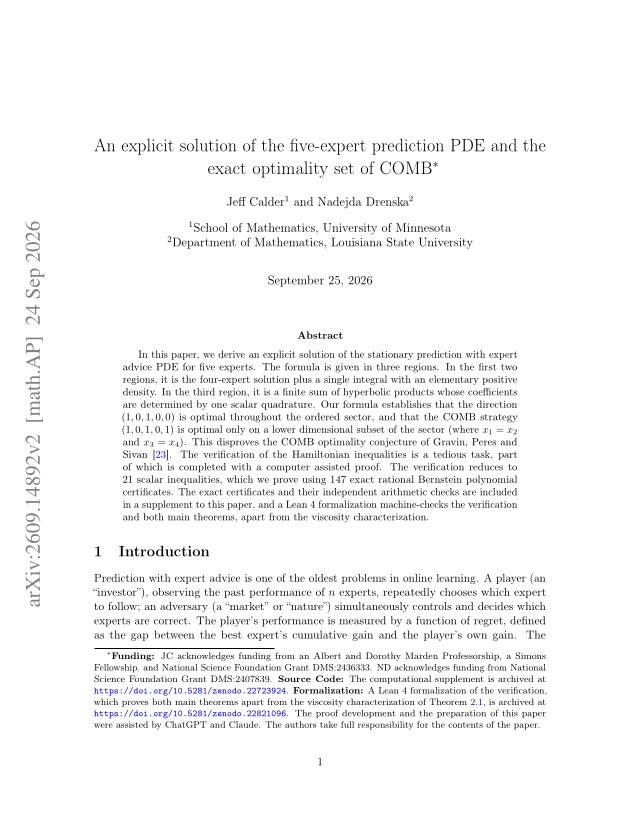 First page of An explicit solution of the five-expert prediction PDE and the exact optimality set of COMB