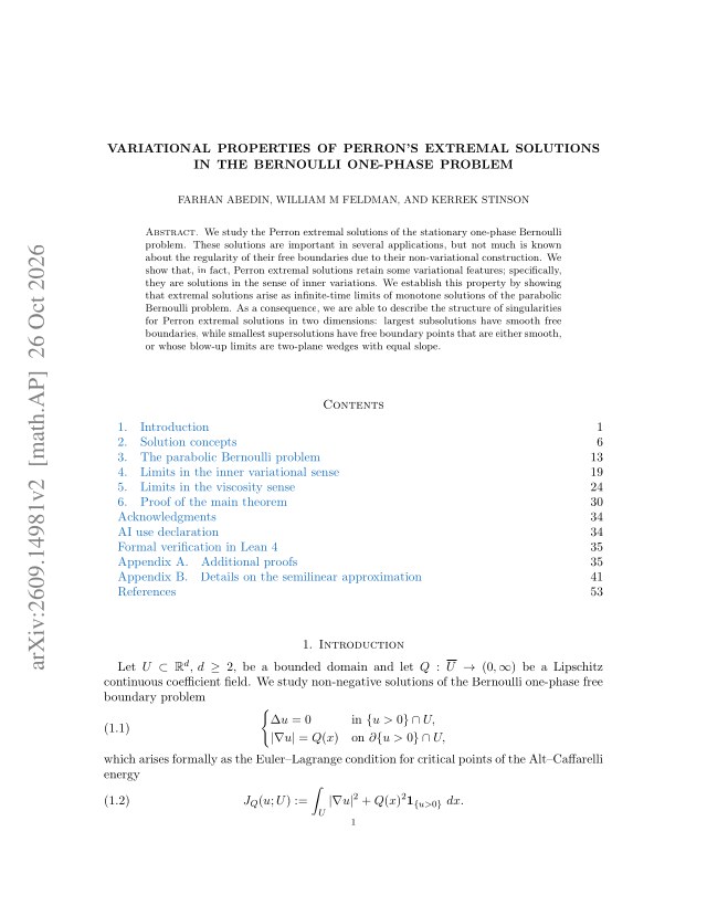 First page of Variational properties of Perron's extremal solutions in the Bernoulli one-phase problem
