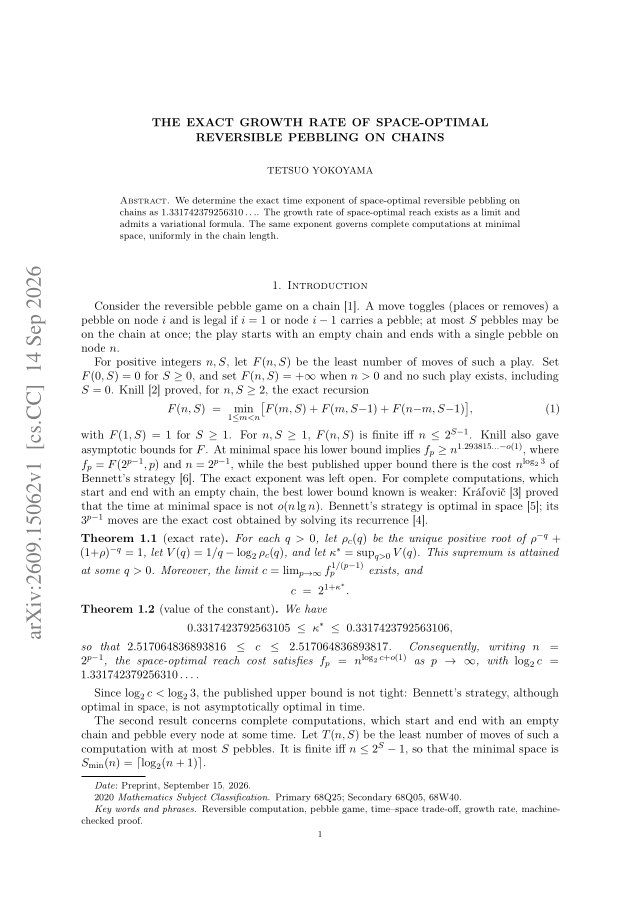 First page of The Exact Growth Rate of Space-Optimal Reversible Pebbling on Chains