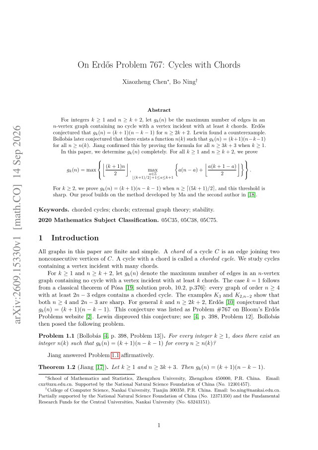 First page of On Erdős Problem 767: Cycles with Chords