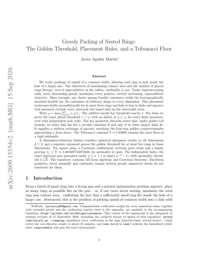 First page of Greedy Packing of Nested Rings: Placement Rules, a Golden Counterexample, and a Tribonacci Floor