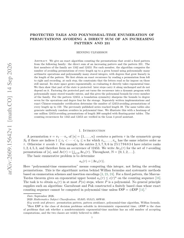 First page of Protected tails and polynomial-time enumeration of permutations avoiding a direct sum of an increasing pattern and 231
