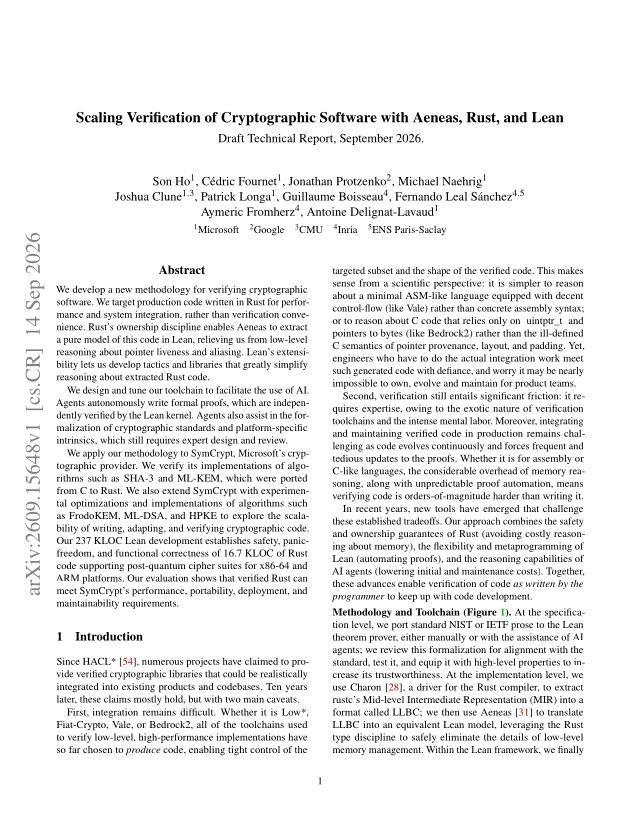 First page of Scaling Verification of Cryptographic Software with Aeneas, Rust, and Lean