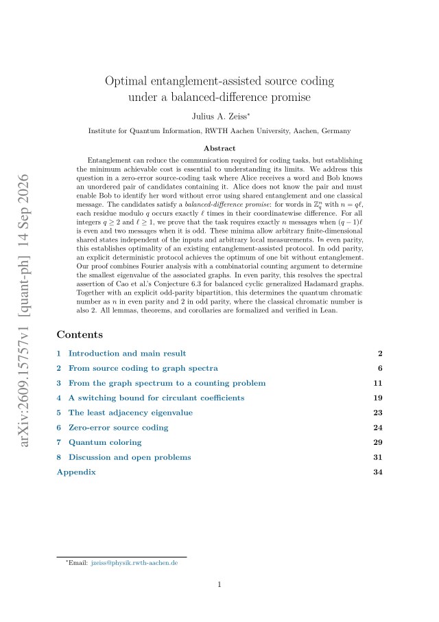 First page of Optimal entanglement-assisted source coding under a balanced-difference promise