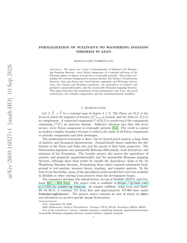 First page of Formalization of Sullivan's No Wandering Domains Theorem in Lean