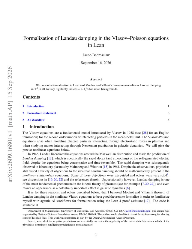 First page of Formalization of Landau damping in the Vlasov–Poisson equations in Lean