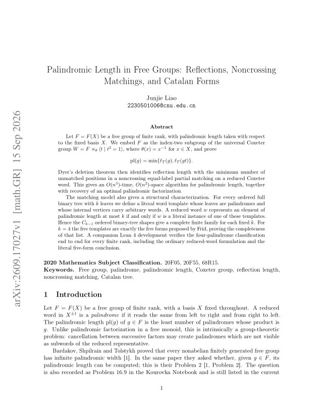 First page of Palindromic Length in Free Groups: Reflections, Noncrossing Matchings, and Catalan Forms