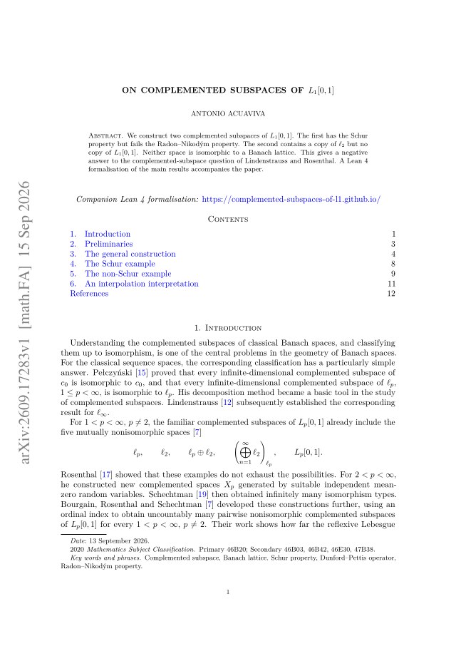 First page of On complemented subspaces of $L_1[0,1]$