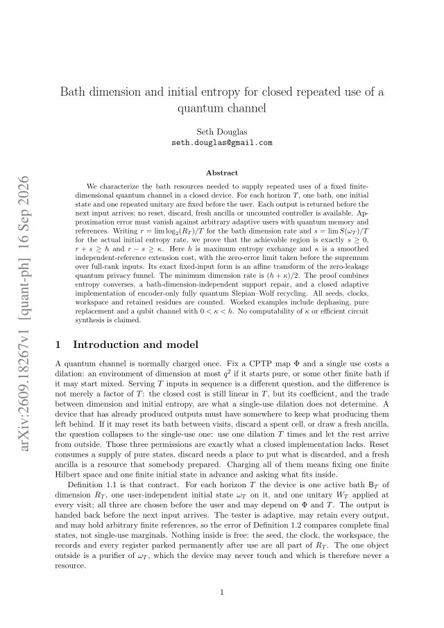 First page of Bath dimension and initial entropy for closed repeated use of a quantum channel